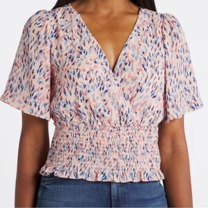 Nine Britton Cidro Surplice Smocked Crop Blouse Pink Medium NWT STITCH FIX
